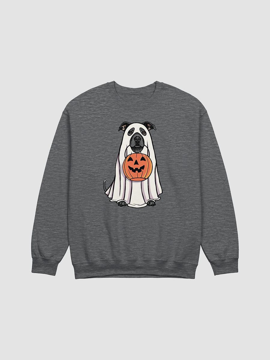 Funny Halloween Staffordshire Terrier(Blue) Sweatshirt | Funny Staffy Wearing a Ghost Costume and Holding a Pumpkin Basket product image (7)