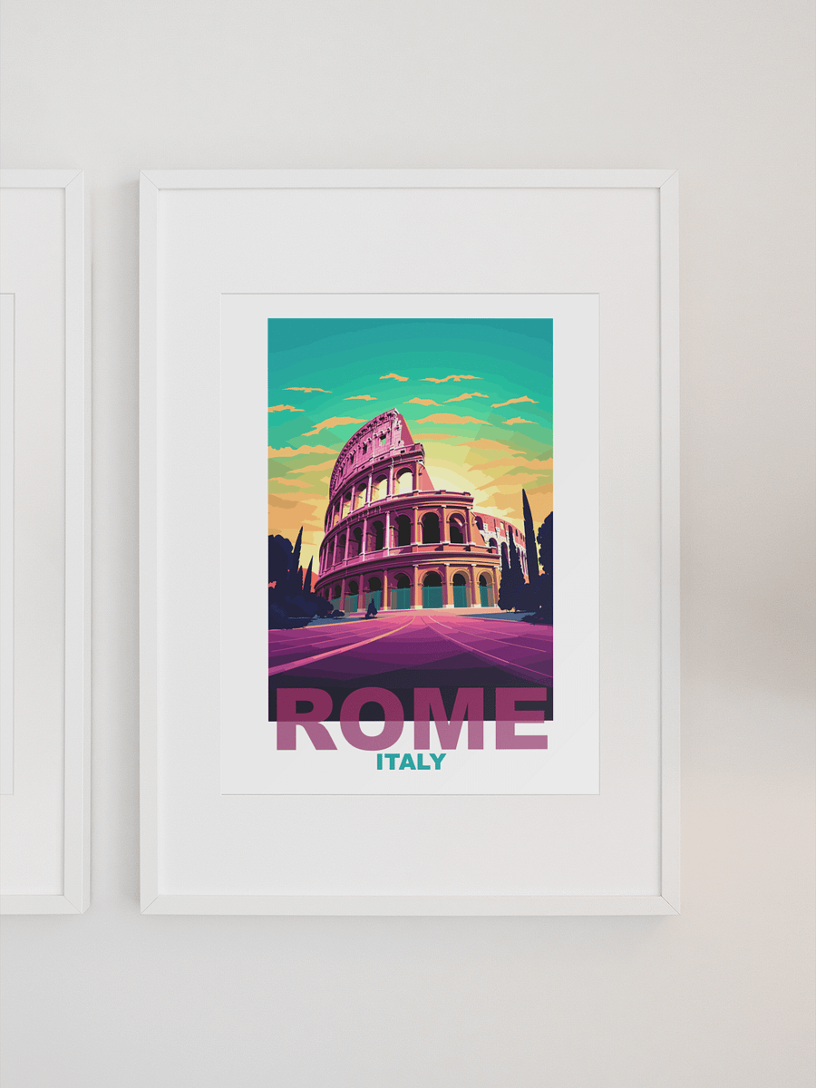 Colosseum at Sunset Poster, Vibrant Rome Italy Skyline Art, Colorful Ancient Ruins Print, Travel-Inspired Wall Decor, Italian Gift Idea product image (1)
