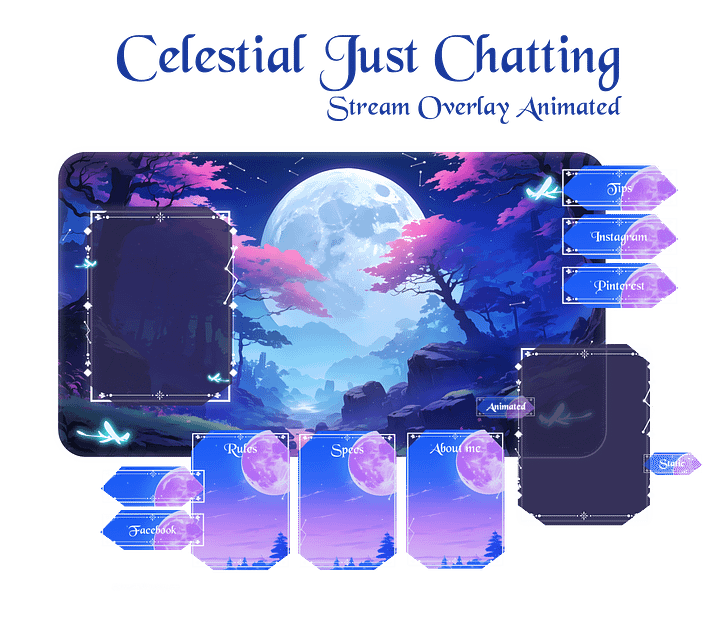 Sky Night Just Chatting Pack, Light & Dark Twitch Overlay, Blue Pink Glowing Forest Aesthetic, Animated Scenes Vtuber, Just Chatting Overlay product image (1)