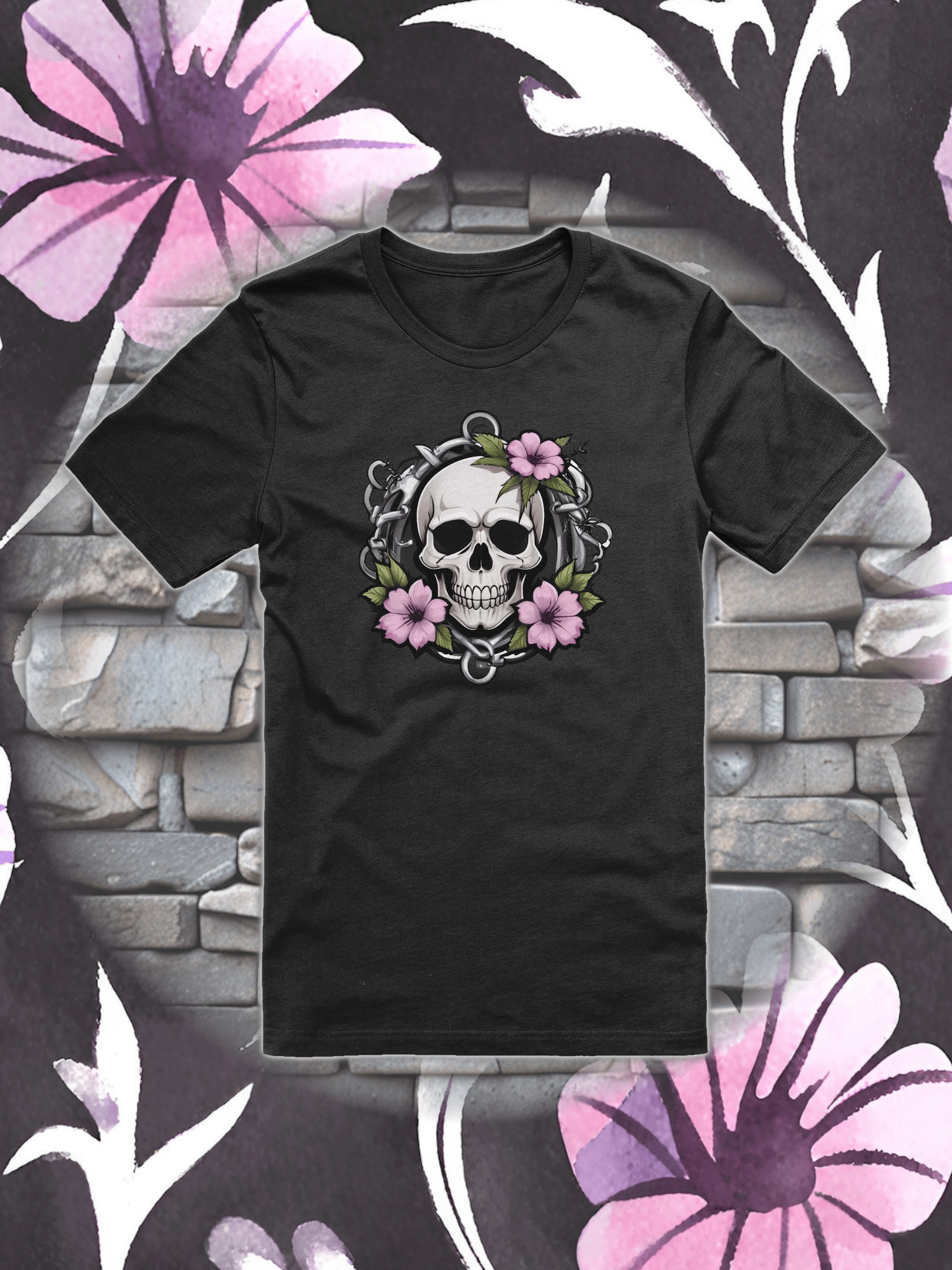Skull with Pink Flowers and Chains T-shirt product image (1)