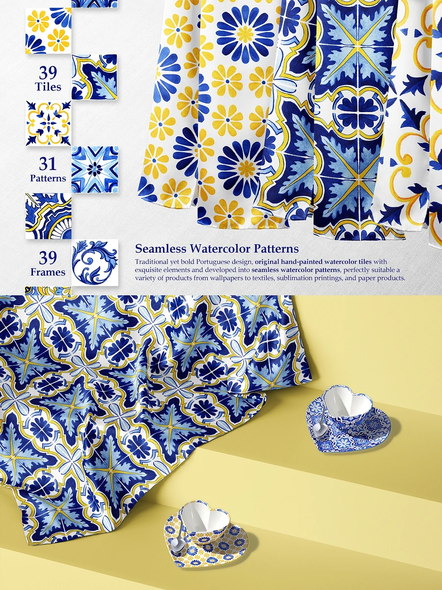 Portuguese Azulejos Tiles & Patterns Watercolor Clipart and Seamless Patterns BUNDLE product image (11)