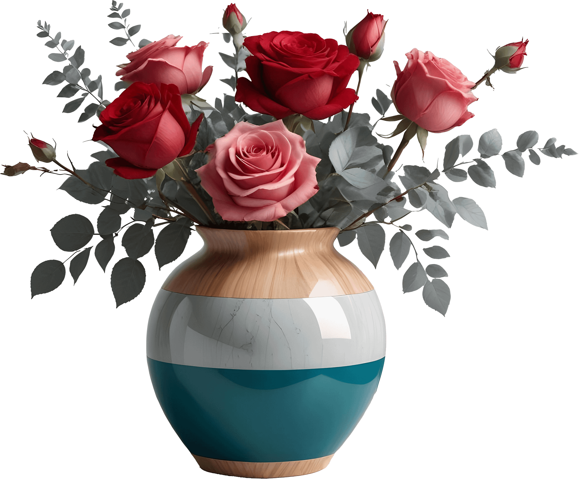 Modern Blue Striped Vase with Red and Pink Roses PNG product image (1)