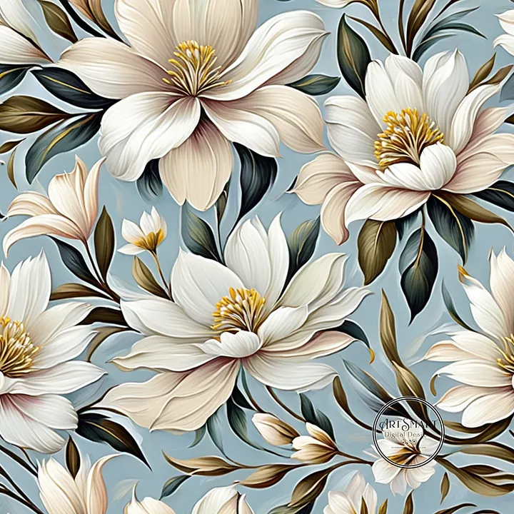 Seamless Pattern - White and Beige Flowers on a Light Blue Background product image (1)