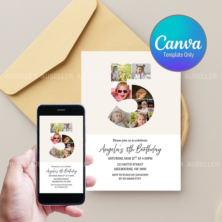 5th Birthday Photo Collage Editable Invitation Template product image (1)