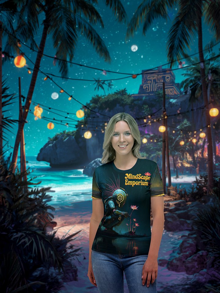 Neon Bloom – Futuristic Android & Lotus All-Over Print Tee | Tech-Nature Cyber Art Shirt product image (1)