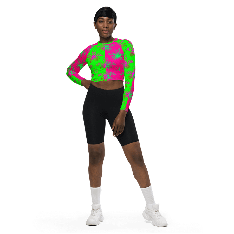 Cannabis Stoner Circus Stripes Recycled Long-Sleeve Crop Top, 420 Summertime Beach Weed Shirt, Neon Green Hot Pink Pot Leaf Pattern Clothing product image (6)