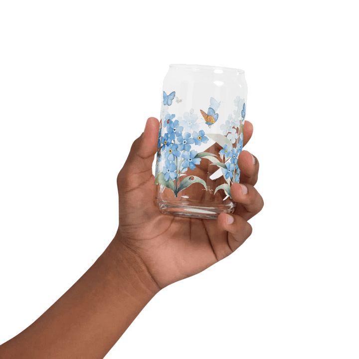 Forget-Me-Not Whispers Glass Can Tumbler | 16oz Eco-Friendly Botanical Drinkware | Blue Blossoms & Butterflies Design product image (2)