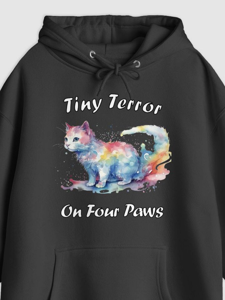 Tiny Terror On Four Paws Cat Illustrated Pullover Hoodie (Front Only) product image (1)