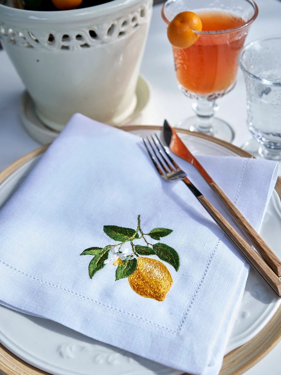 Lemon branch napkins Embroidered napkin White napkins Striped napkin Beige napkins Linen napkin Vintage style napkin Hemstitched napkin Gift product image (4)