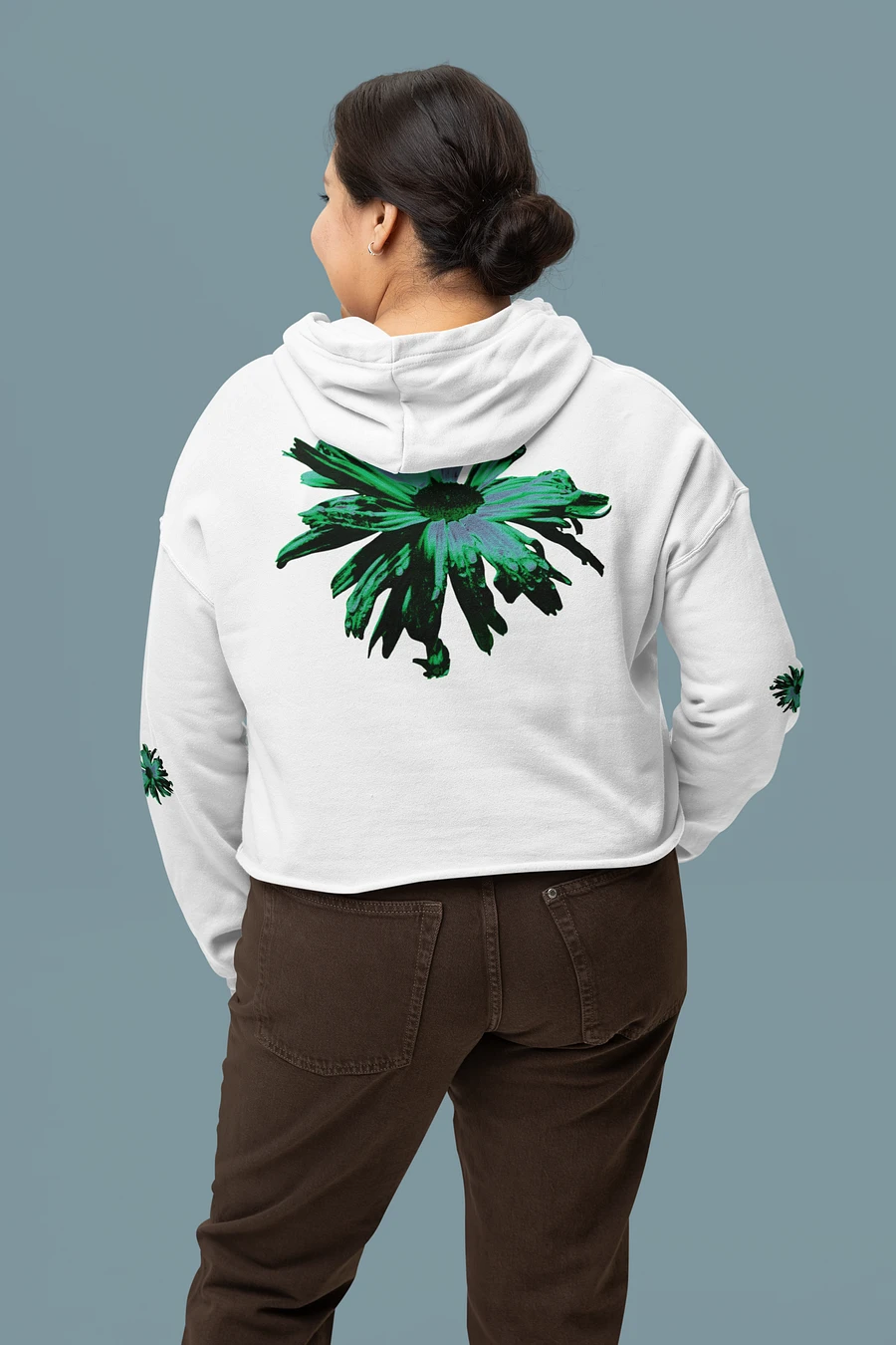 Abstract Green Floating Daisy Women's Cropped Fleece Pull Over Hoodie product image (2)
