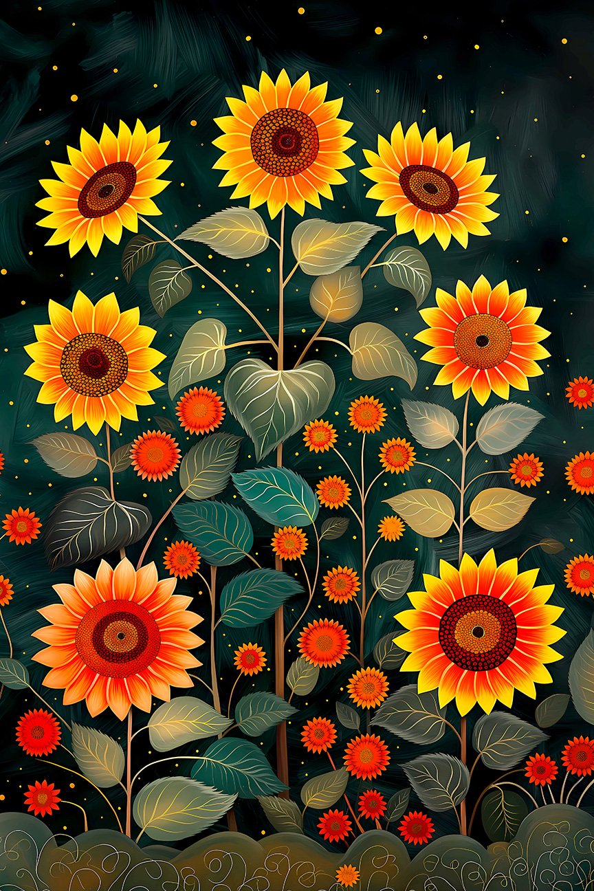 Starry Night Sunflower Field Poster: Vibrant Botanical Art for Warm Home Decor Matte Poster product image (1)