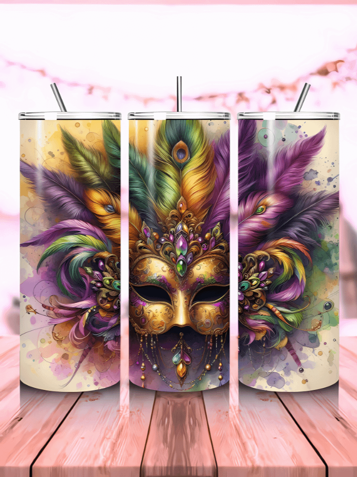 Seamless Mardi Gras Jeweled Mask Tumbler Wrap – 20oz Skinny Sublimation PNG – Elegant Mask with Vibrant Carnival Colors – Instant Digital Download – High-Resolution 300 DPI product image (1)