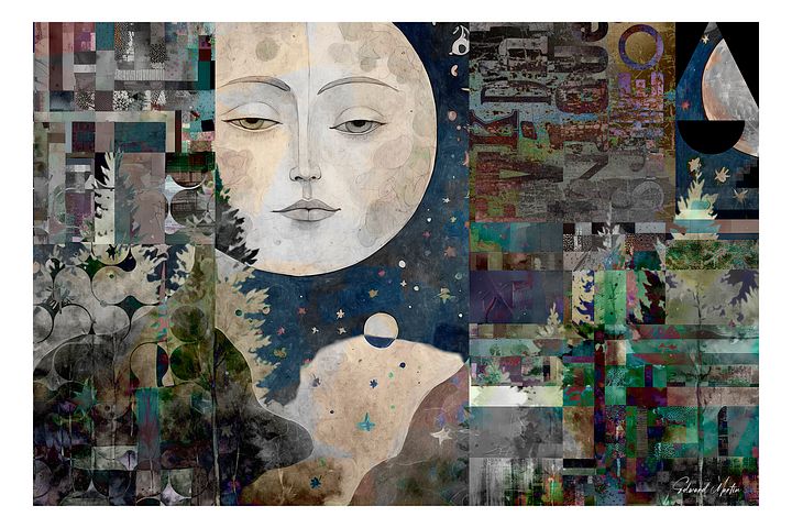 'Lunar Guide' by Edward Martin-Mixed Media Collage: Celestial Face Poster product image (1)