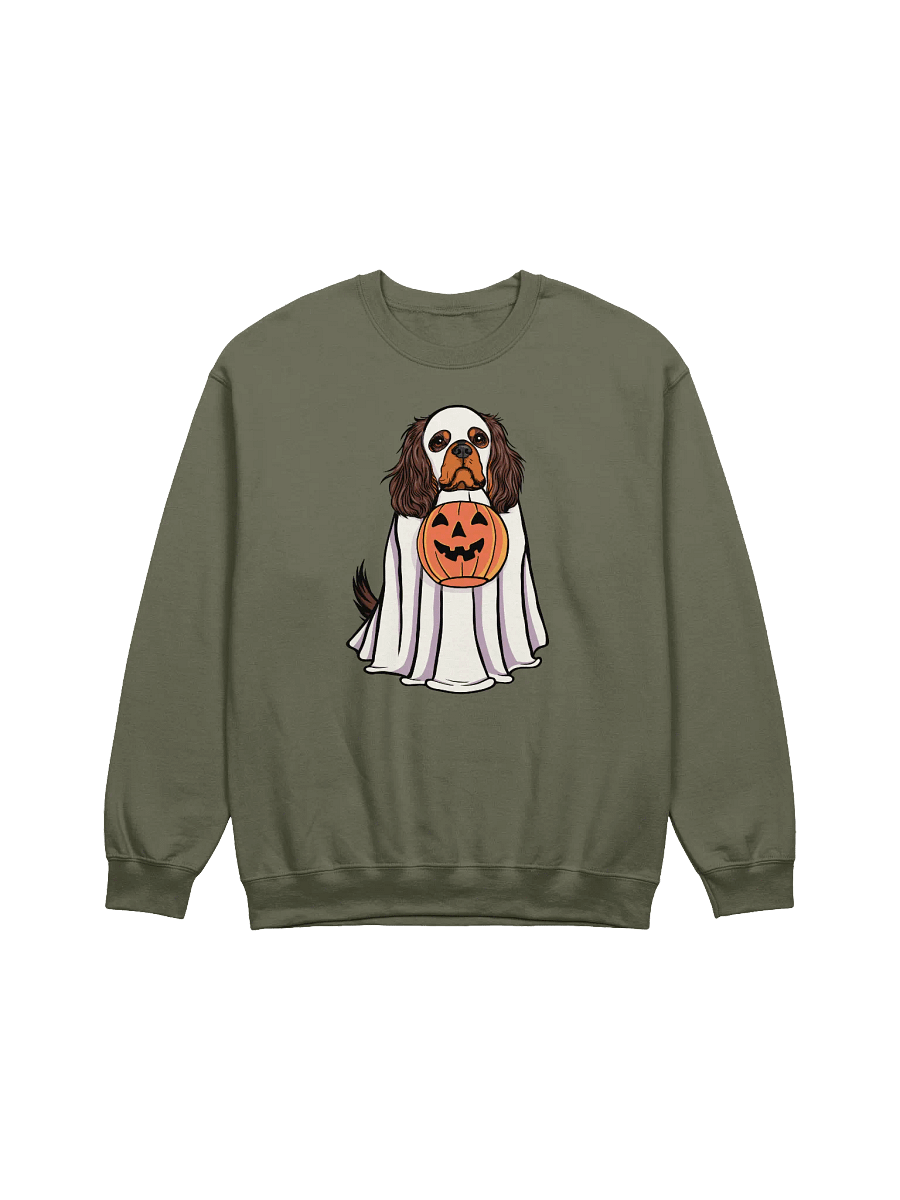 Funny Halloween Cavalier King Charles Spaniel(Brown & Tan) Sweatshirt | Funny Cavalier Wearing a Ghost Costume and Holding a Pumpkin Basket product image (17)