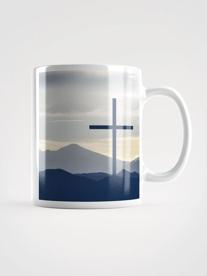 A cross standing against a serene landscape of rolling hills & a Radiant cross illuminated by a bright, golden light with glowing sunrise & doves Mug product image (1)