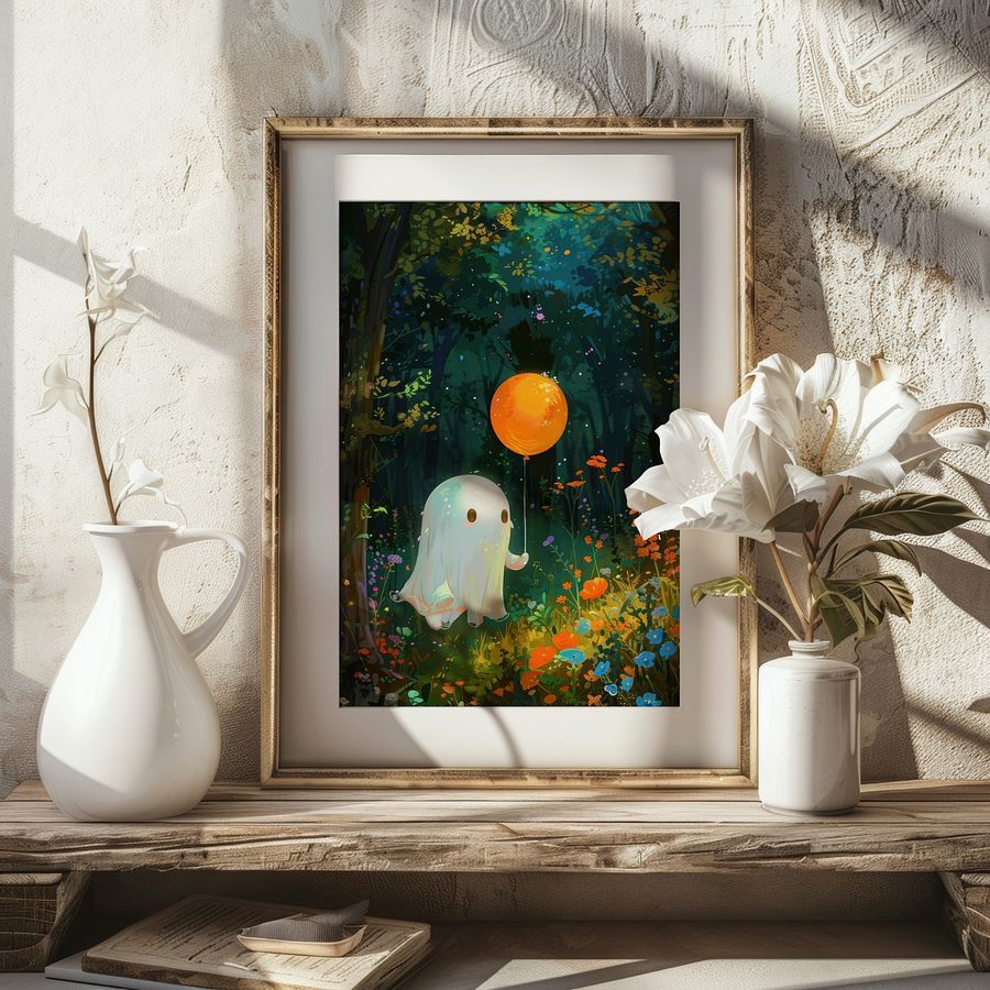 Cute Ghost with a Balloon Whimsical Halloween Art Print product image (8)