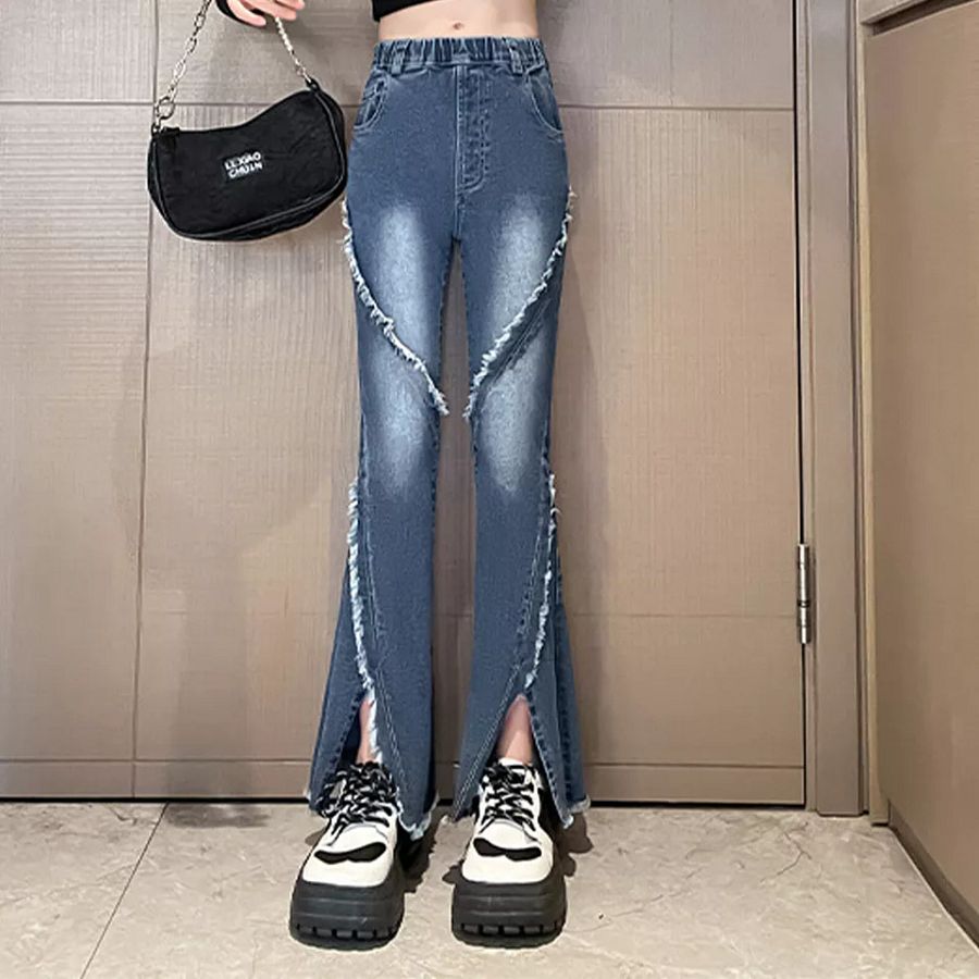 Kids Girls Ripped Wide Leg Jeans Pants Fashion Solid Color Denim Bottoms Trouser product image (5)