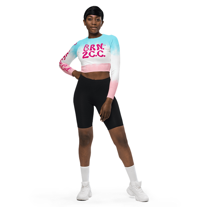 BOURNE to Cape Cod™ Crop Top | BRN.2C.C.™ Coastal Bold | Recycled Long Sleeve Statement Wear 🌊💃☀️ | Vibrant Pink Logos on Patriotic Pastels product image (2)