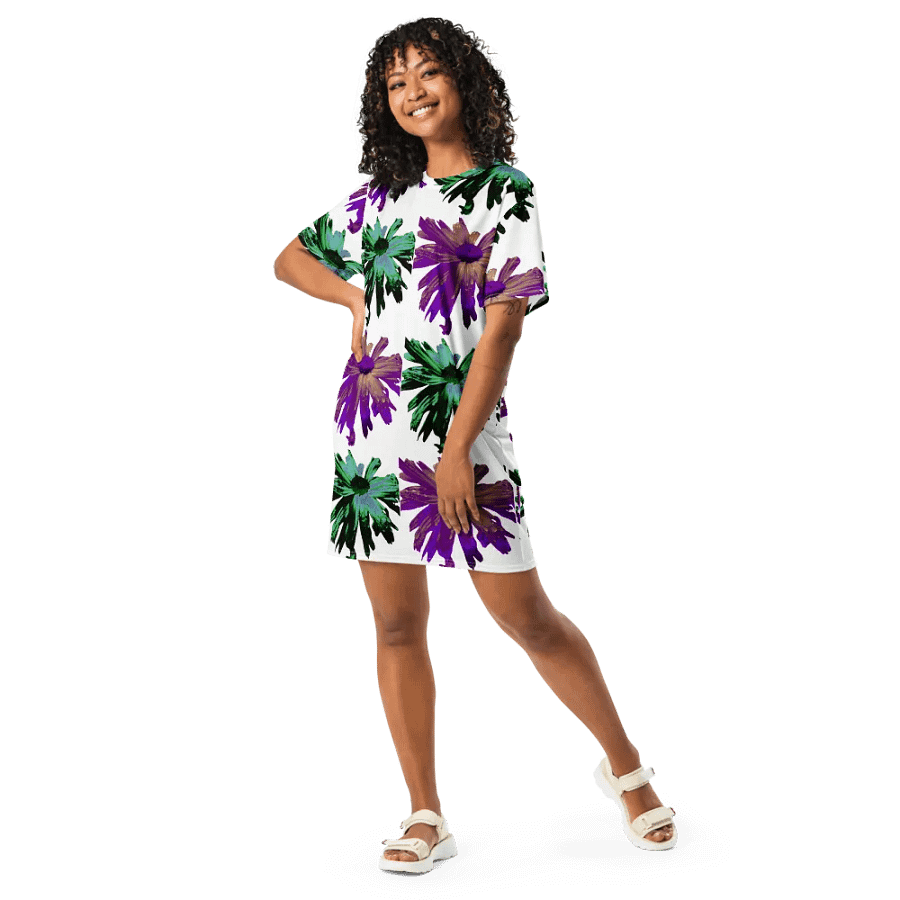 Abstract Green and Hibiscus Daises Ladies T Shirt Dress product image (7)