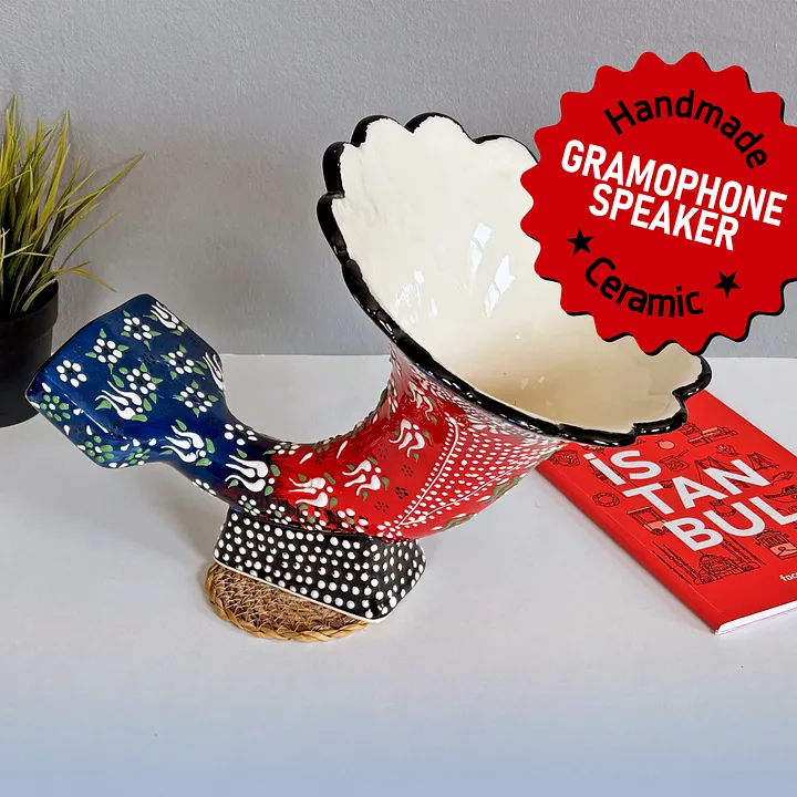 Gramophone Phone Speaker (red-blue), Ceramic Gramophone, Audio iPhone Dock Speaker — handmade pottery, handmade ceramic, home decor, handmade gift product image (1)