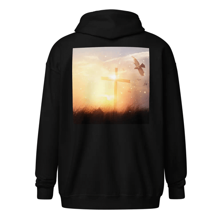 Radiant cross illuminated by a bright, golden light, set against a soft & glowing sunrise background & doves Hoodie product image (1)