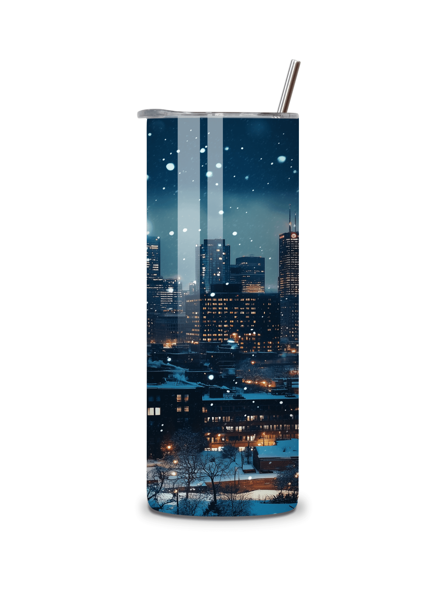 Winter City Skyline 20oz Skinny Tumbler with Metal Straw – Elegant Snowfall and Urban Design – Double-Walled Insulated Stainless Steel Tumbler, Great for City and Winter Lovers product image (5)