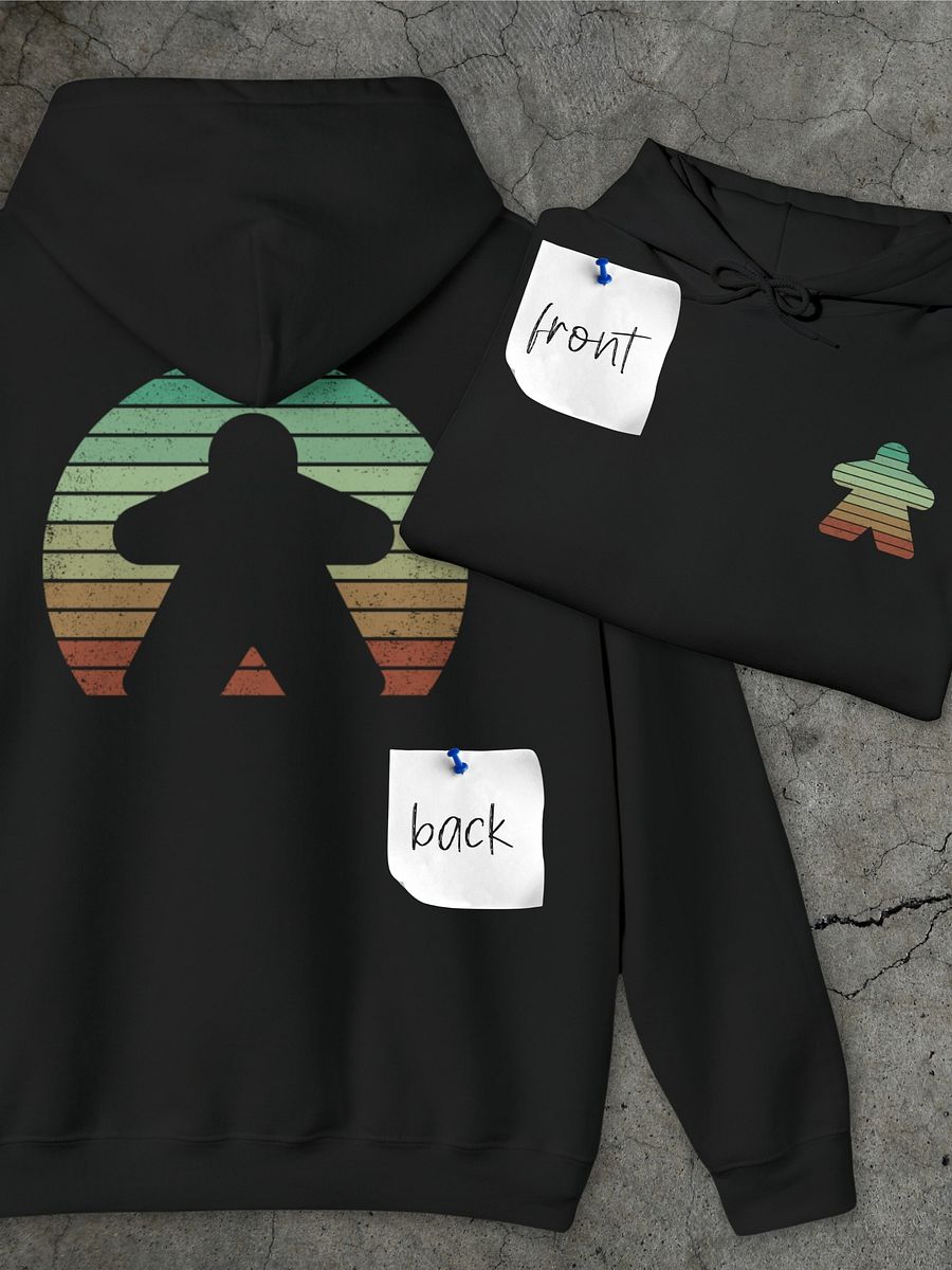 Retro Sunset Meeple Hoodie for Board Gamers - Black product image (2)