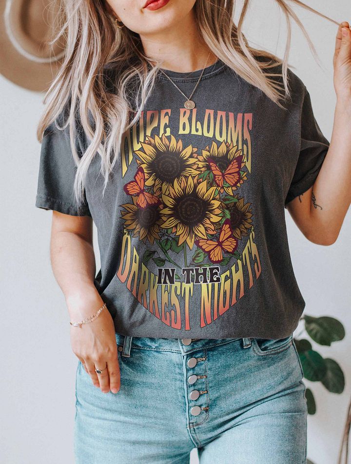 Hope Blooms in the Darkest Nights Sunflower T-Shirt | Motivational Fall and Thanksgiving T-Shirt Design product image (20)