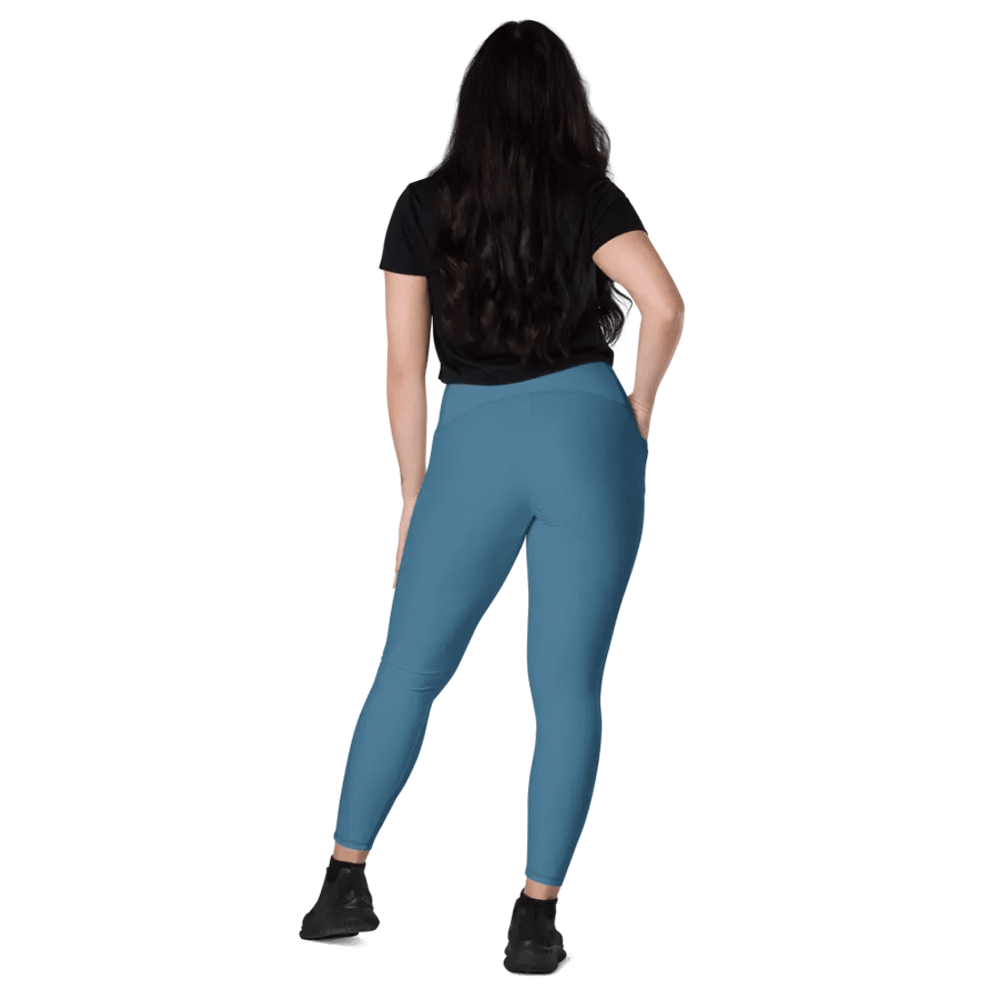 Plain Medium Blue True Summer Women's High Waisted Premium Crossover Leggings with Pockets by Treasure Pie product image (10)