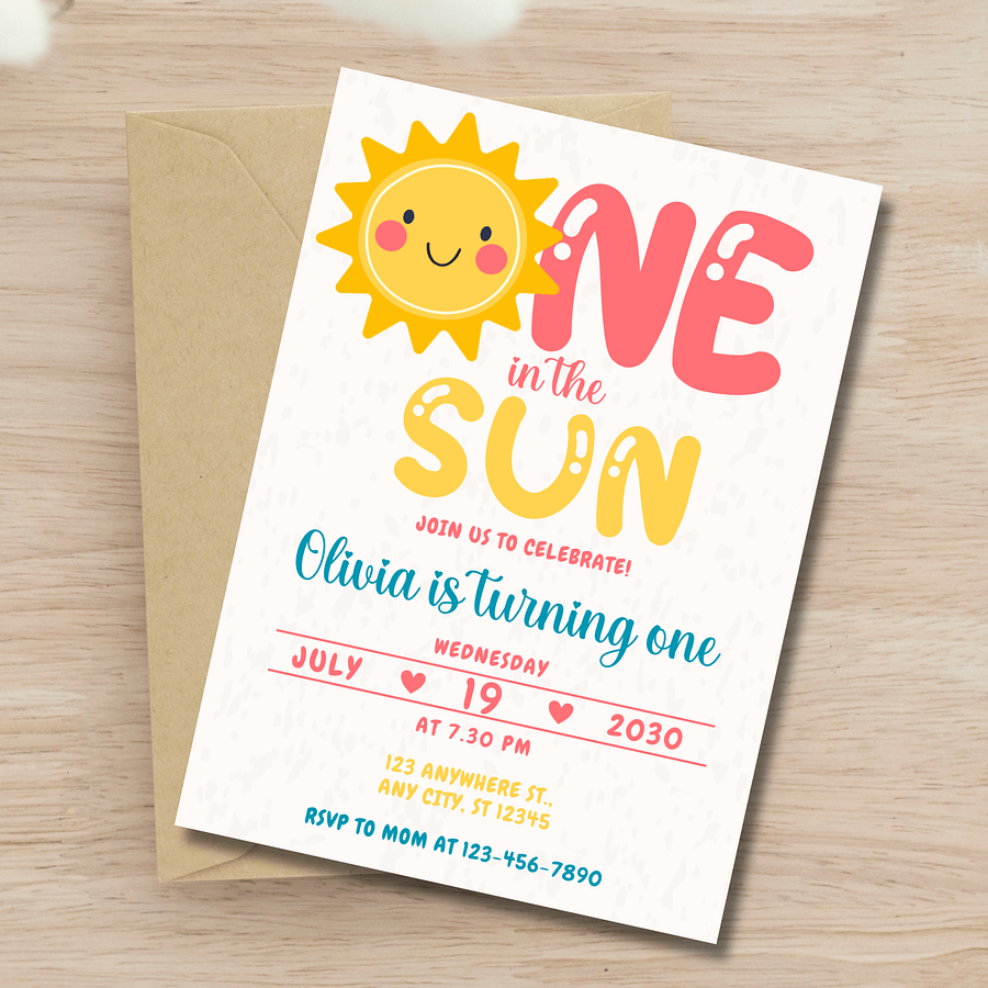 One in the Sun First Birthday Invitation | Editable Canva Template | Summer 1st Birthday Girl Invite | Sunshine Theme | Digital Download product image (3)