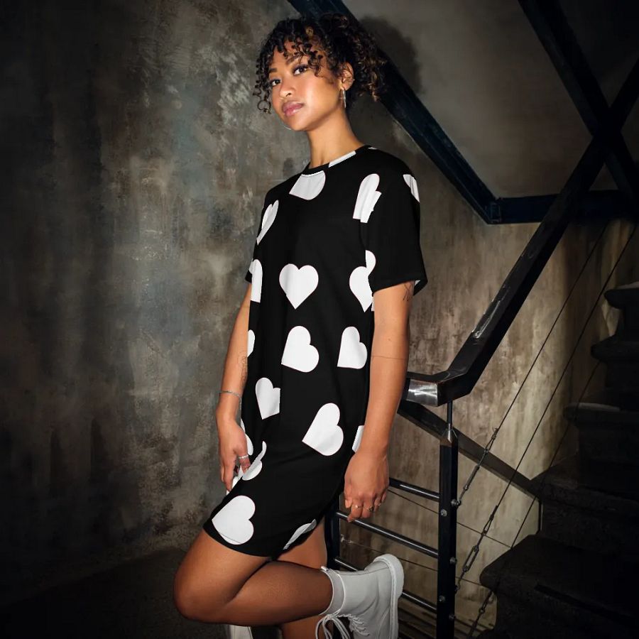 Love Pattern 5 Black and White Ladies T Shirt Dress product image (12)