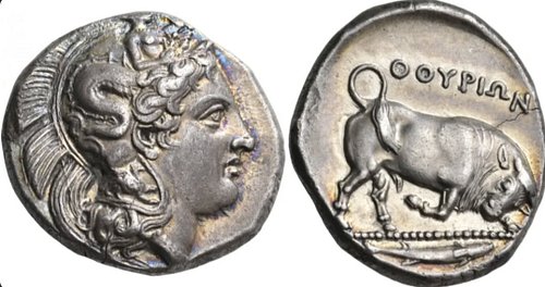 Hammered at 5200 CHF at Nomos Auction 23, lot 14.
LUCANIA. Thurium. Circa 400-350 BC. Distater (Silver, 27 mm, 15.84 g, 3 h)....