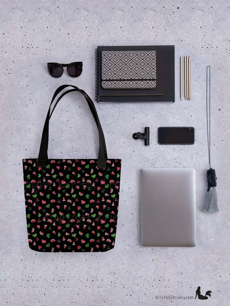 Tossed Watermelons and Hearts on Black Reusable Tote Bag product image (4)