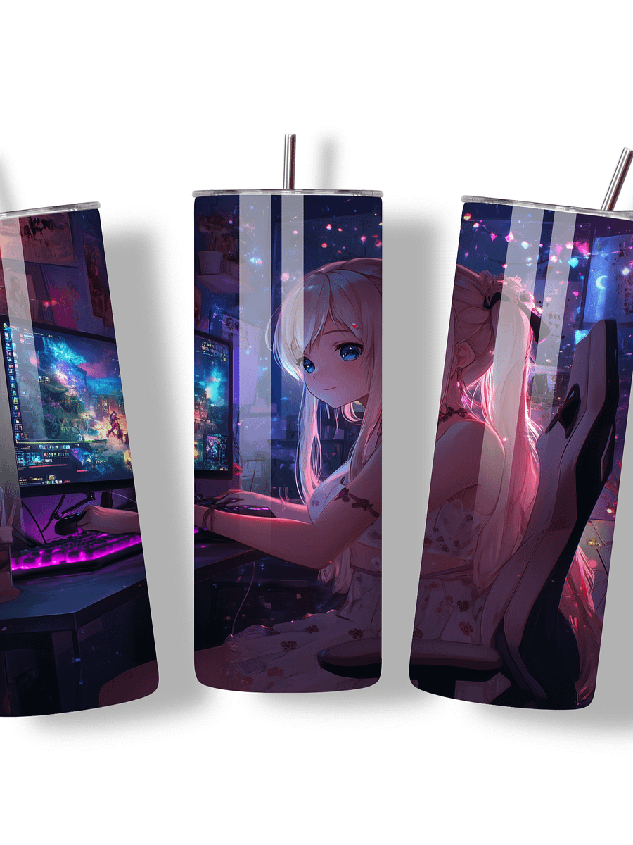 Anime Gamer Girl 20oz Skinny Tumbler with Metal Straw – Vibrant Gaming Setup Design – Double-Walled Insulated Stainless Steel Tumbler Gift for Anime and Gaming Fans (Anime Girl 4) product image (2)