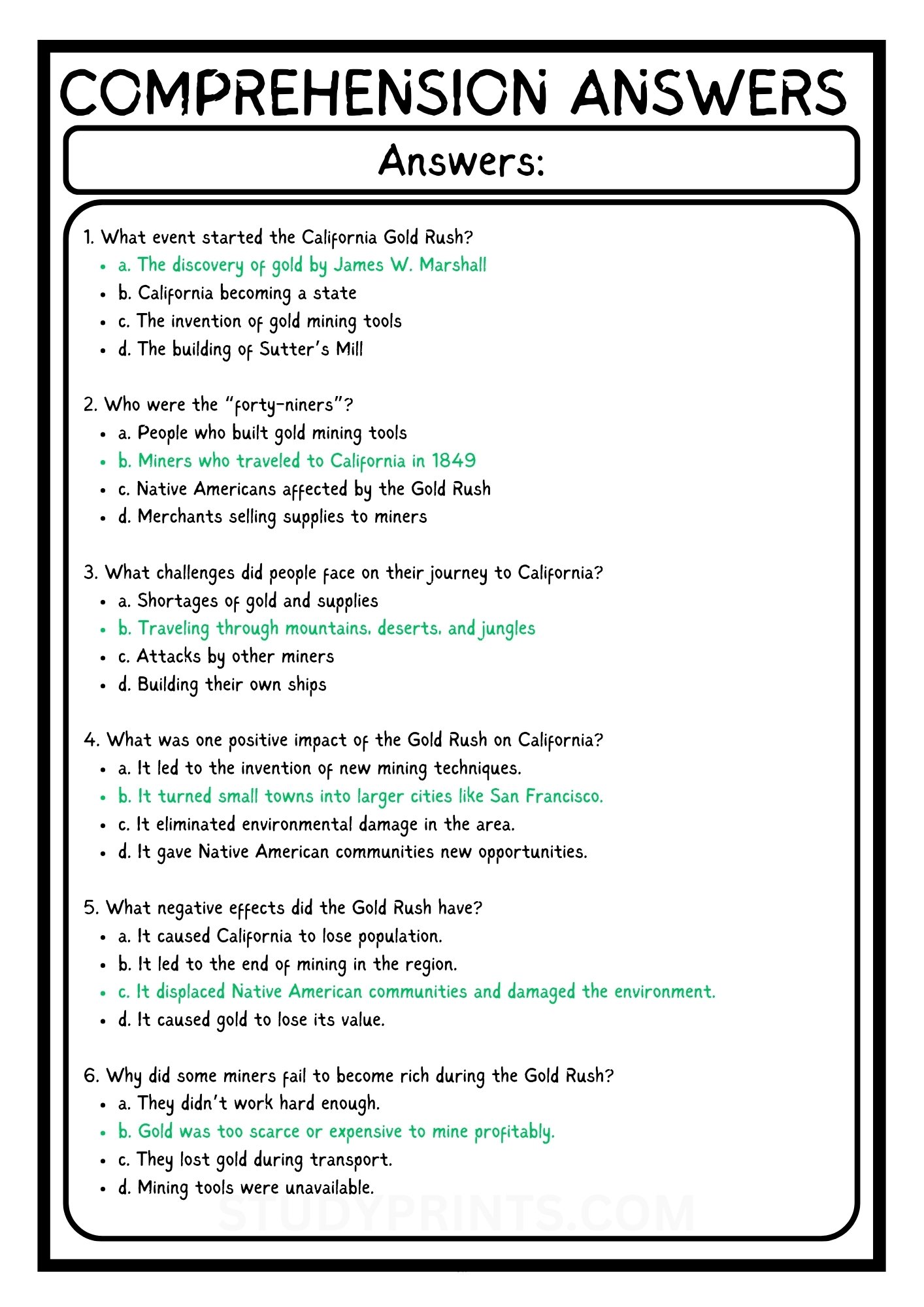 California Gold Rush 1849 Reading Comprehension Worksheet WITH 6 QUESTIONS PDF product image (4)