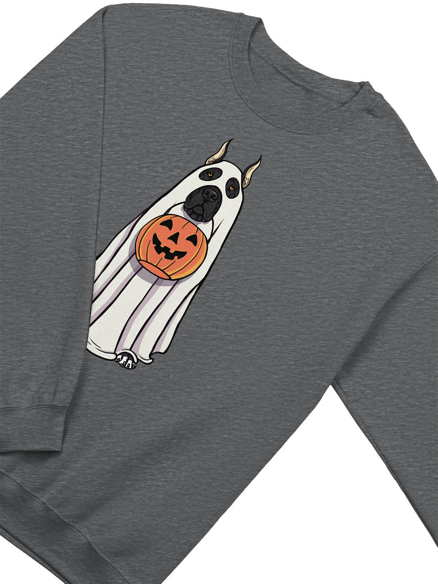 Funny Halloween Great Dane(Cropped Ears Black) Sweatshirt | Funny Great Dane Wearing a Ghost Costume and Holding a Pumpkin Basket product image (4)