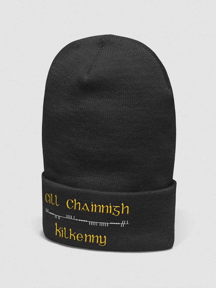 Kilkenny/Cill Chainnigh Scholastic style Ogham, black with white and amber, embroidered Cuffed Beanie product image (2)