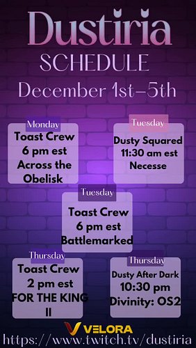 This week 5 streams full of laughter!

Also please vote for Dustiria  Strategy streamer in the Chat'sChoiceAwards 
sites.goog...