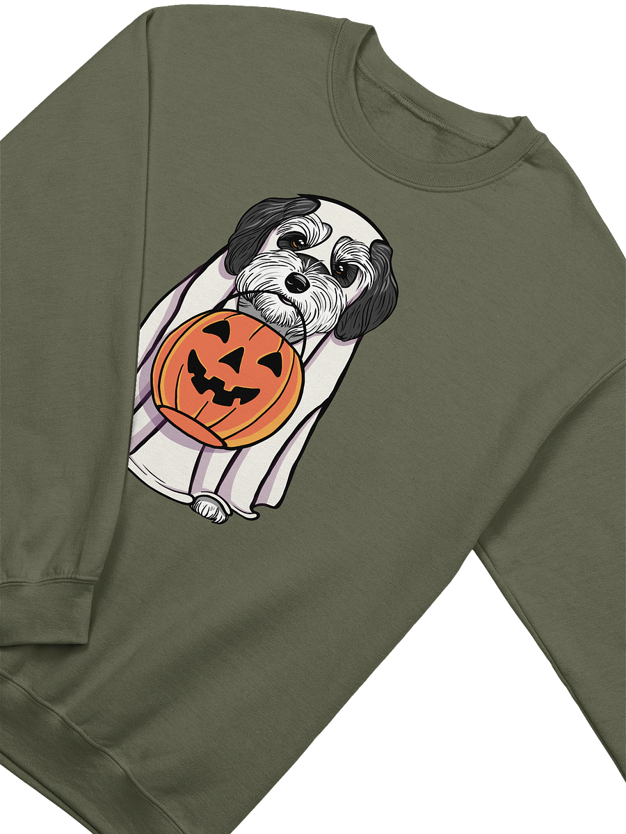 Funny Halloween Havanese(Black & White) Sweatshirt | Funny Havanese Wearing a Ghost Costume and Holding a Pumpkin Basket product image (14)