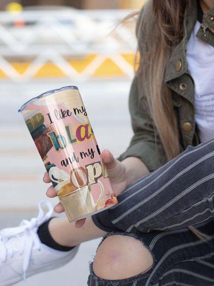 Vintage scrapbooking insulated coffee tumbler for book lovers - I like my coffee black and my books open product image (1)