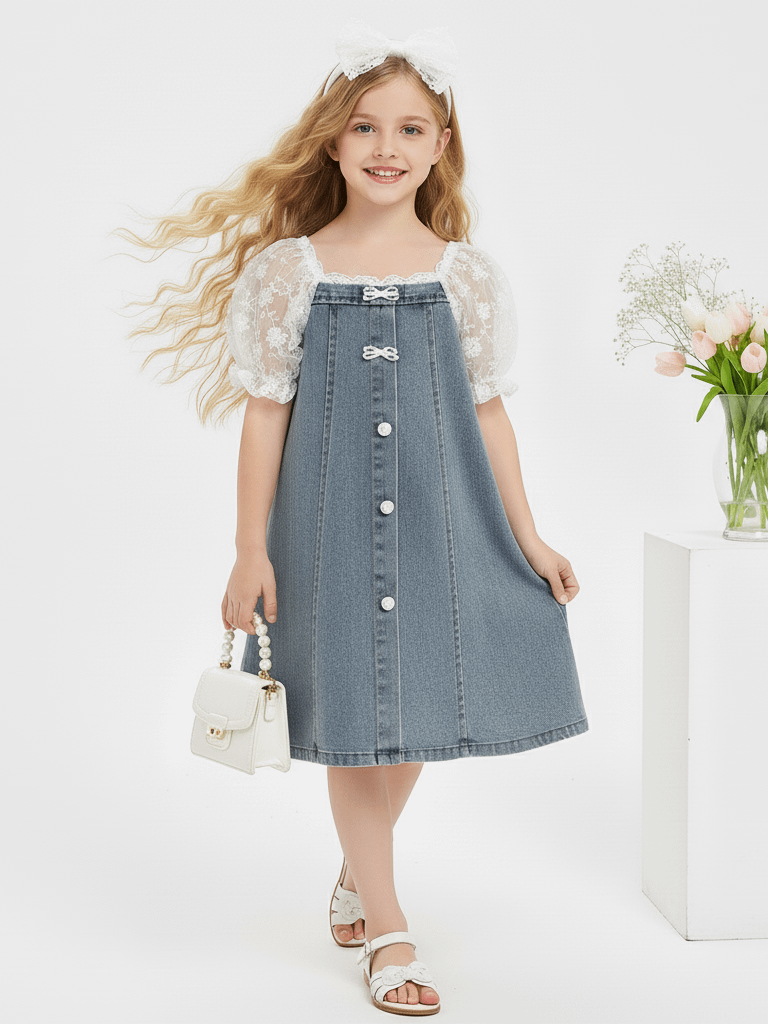 Lace Puff Denim Button Dress product image (1)