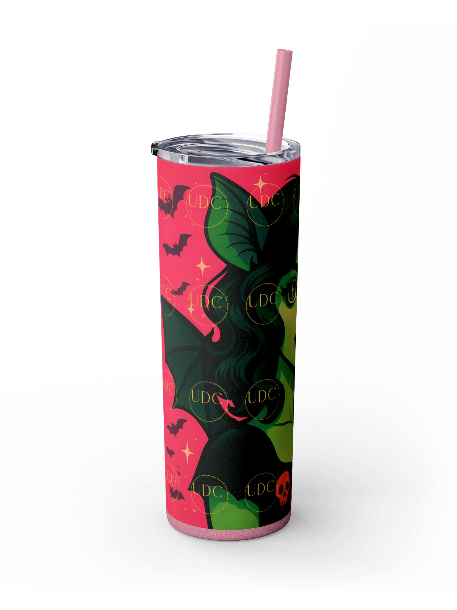 Green Bat-Wing Witch Halloween Tumbler Wrap PNG – Spooky Glam Girl with Pumpkin & Pink Bat Background for 20oz Skinny Tumblers product image (4)