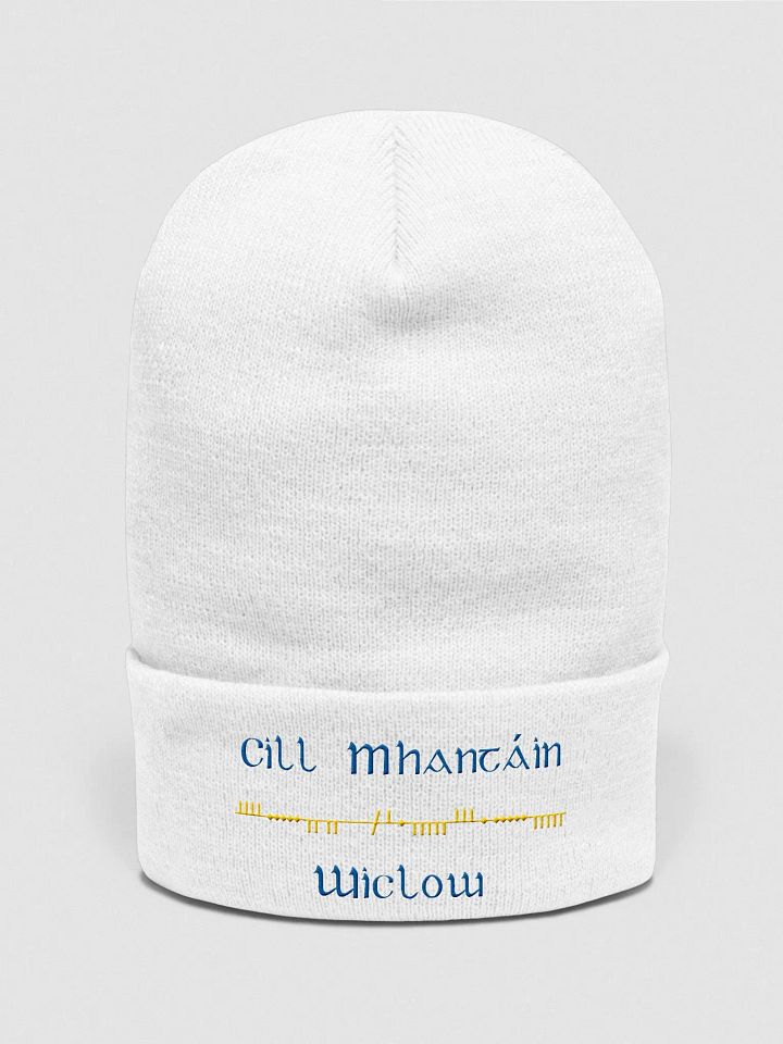 Wicklow/Cill Mhantáin Scholastic style Ogham, white with gold and blue, embroidered Cuffed Beanie product image (1)