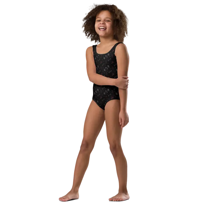 Cute Magenta and White Flowers on Black One-Piece Girls Swimsuit product image (2)