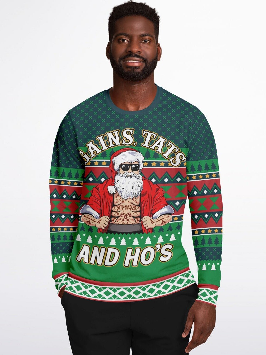 "Gains Tats and Ho's" Christmas Sweater | Funny Gym Santa Sweatshirt | Fitness Holiday Party Outfit product image (3)