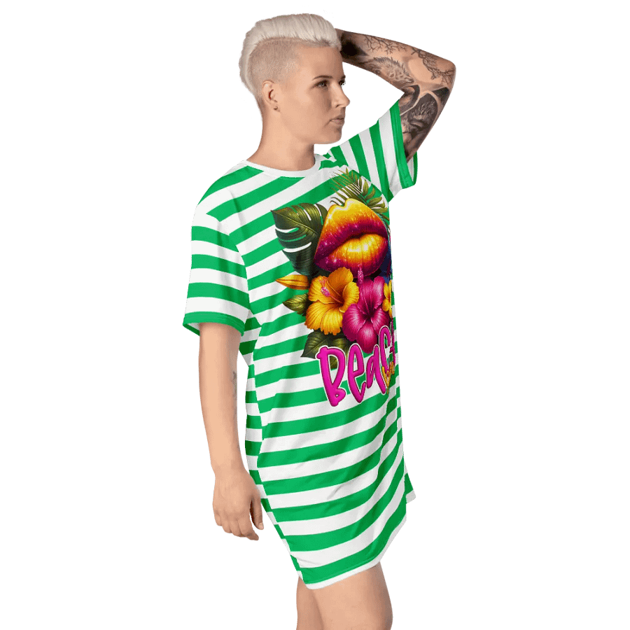 Hibiscus Kiss Green Stripped Summer T-Shirt Dress product image (4)