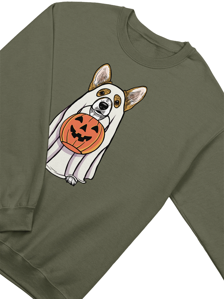 Funny Halloween Pembroke Welsh Corgi Sweatshirt | Funny Corgi Wearing a Ghost Costume and Holding a Pumpkin Basket product image (18)