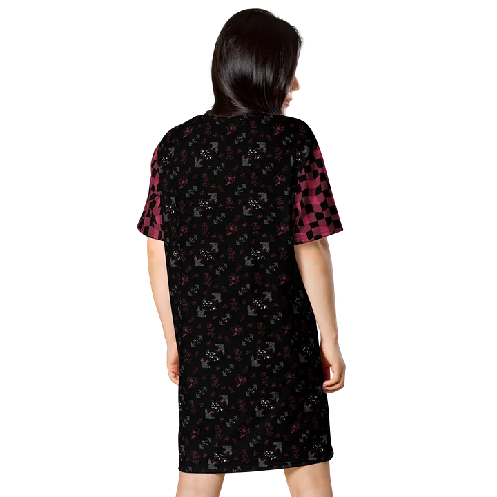 Magenta and White Flowers on Black with Warped Checkered Sleeves Women's T-Shirt Dress product image (2)