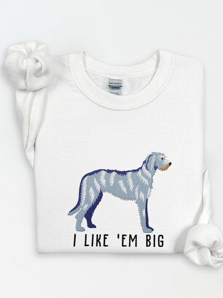 I Like 'Em Big Sweatshirt (Embroidered) of an Irish Wolfhound(Blue/Gray) product image (1)