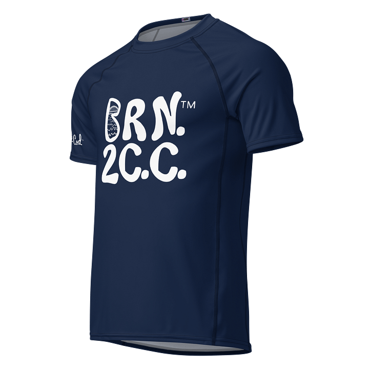 BRN.2C.C.™/BOURNE to Cape Cod™ | Men’s Performance Rash Guard | Recycled UPF 50+ Surf Shirt | White Logos on Navy Blue product image (1)